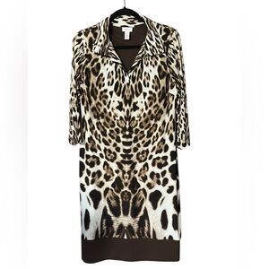 Chico’s Leopard Print Shirt Dress 3/4 Sleeve Midi Length Size 1